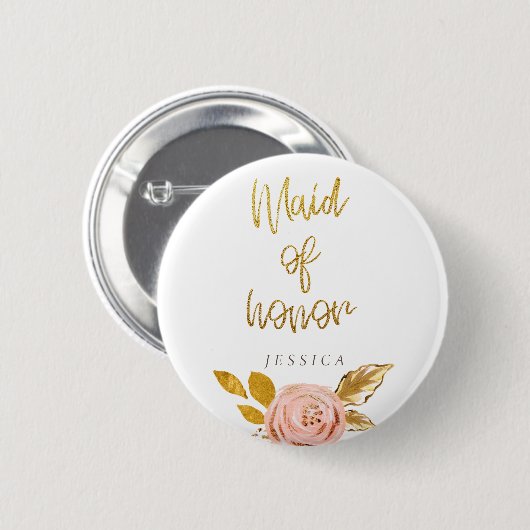 Roos Gold Floral Glitter Maid of Honor Button (Voorkant /achterkant)