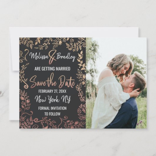 Roos Gold Floral Glitter Ombre Save the Date Kaart (Voorkant)