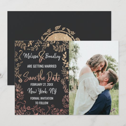 Roos Gold Floral Glitter Ombre Save the Date Kaart (Voorkant / Achterkant)