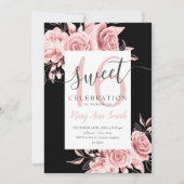 Roos Gold Floral & Glitter Sweet 16 Script Black Kaart (Voorkant)