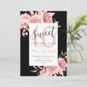 Roos Gold Floral & Glitter Sweet 16 Script Black Kaart (Staand voorkant)