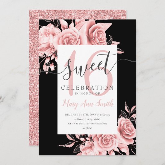 Roos Gold Floral & Glitter Sweet 16 Script Black Kaart (Voorkant / Achterkant)