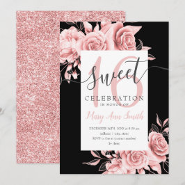 Roos Gold Floral & Glitter Sweet 16 Script Black Kaart