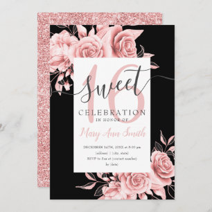 Roos Gold Floral & Glitter Sweet 16 Script Black Kaart