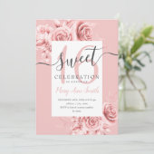 Roos Gold Floral & Glitter Sweet 16 Script Blush Kaart (Staand voorkant)