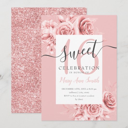 Roos Gold Floral & Glitter Sweet 16 Script Blush Kaart (Voorkant / Achterkant)