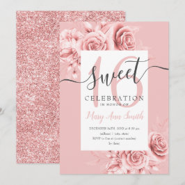 Roos Gold Floral & Glitter Sweet 16 Script Blush Kaart