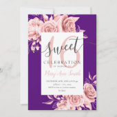 Roos Gold Floral & Glitter Sweet 16 Script Paars Kaart (Voorkant)