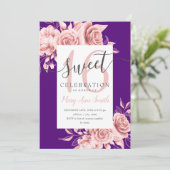 Roos Gold Floral & Glitter Sweet 16 Script Paars Kaart (Staand voorkant)