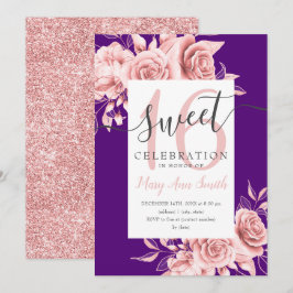 Roos Gold Floral & Glitter Sweet 16 Script Paars Kaart