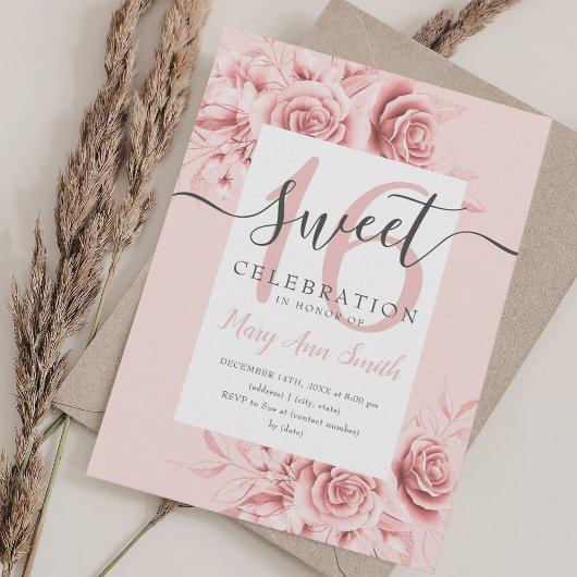 Roos Gold Floral & Glitter Sweet 16 Script roze Kaart