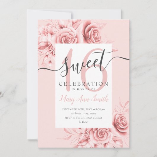 Roos Gold Floral & Glitter Sweet 16 Script roze Kaart (Voorkant)