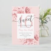 Roos Gold Floral & Glitter Sweet 16 Script roze Kaart (Staand voorkant)