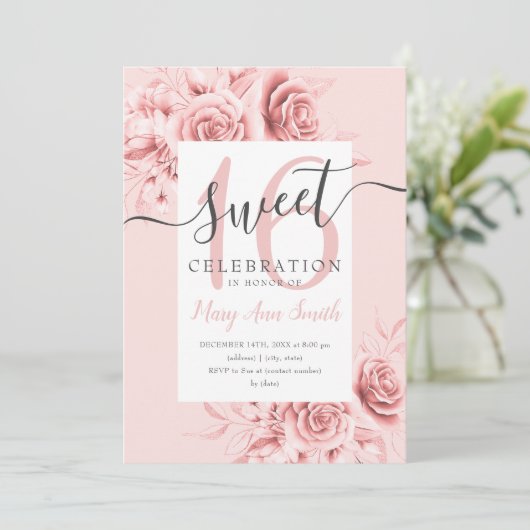 Roos Gold Floral & Glitter Sweet 16 Script roze Kaart (Staand voorkant)