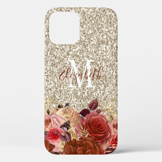 Roos Gold Floral Light Glitter Monogram Case-Mate iPhone Case (Achterkant)