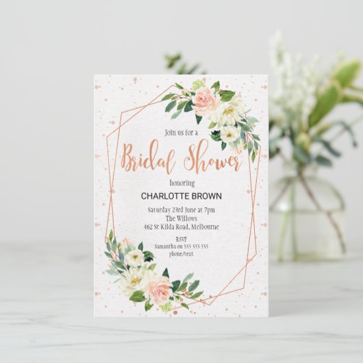 Roos Gold Floral Line Art Bridal Shower Kaart (Staand voorkant)