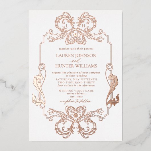  Roos Gold Floral Line Art Monogram Weddenschap Folie Uitnodiging (Voorkant)