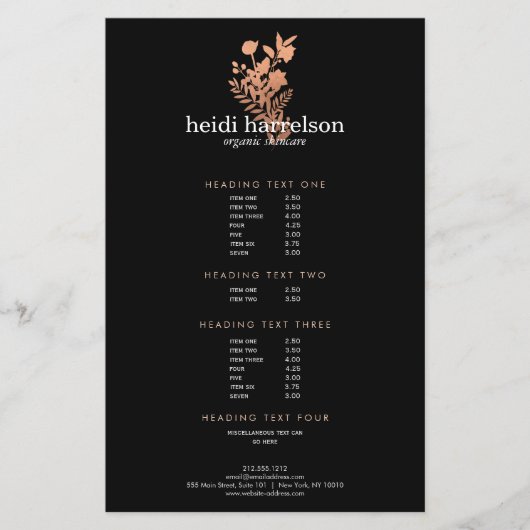 Roos Gold Floral Logo Black Salon Price List Flyer (Voorkant)
