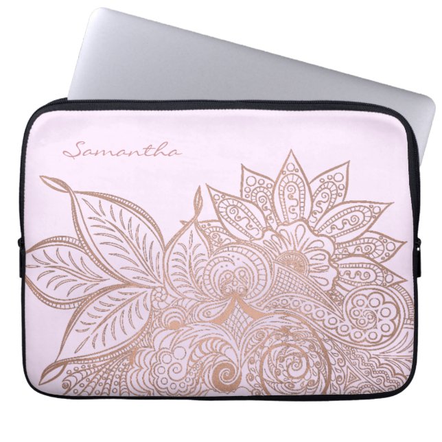Roos Gold Floral Mandala Laptop Hoesje Laptop Sleeve (Voorkant)