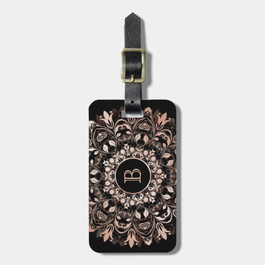 Roos Gold Floral Mandala Monogram Bagagelabel (Voorkant verticaal)