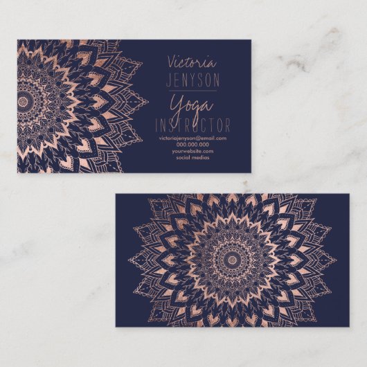 Roos gold floral mandala navy blue yoga instructeu visitekaartje (Voorkant / Achterkant)