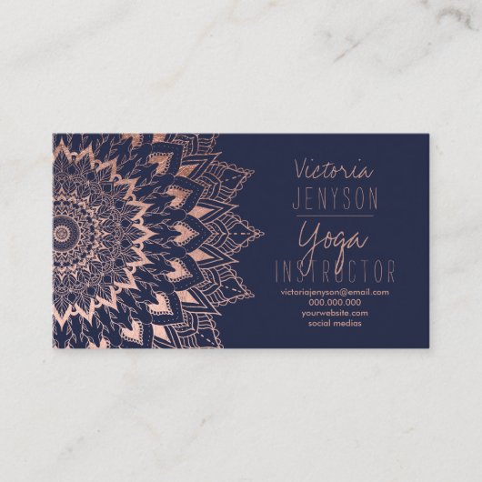 Roos gold floral mandala navy blue yoga instructeu visitekaartje (Voorkant)