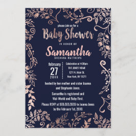 Roos Gold Floral Navy Blue Brush Baby shower Kaart
