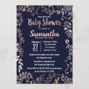 Roos Gold Floral Navy Blue Brush Baby shower Kaart