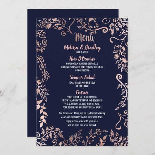 Roos Gold Floral Navy Blue Brush Menu (Voorkant / Achterkant)