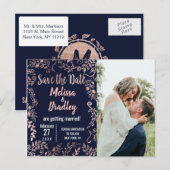Roos Gold Floral Navy Blue Brush Save Date Aankondigingskaart (Voorkant / Achterkant)