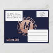 Roos Gold Floral Navy Blue Brush Save Date Aankondigingskaart (Achterkant)