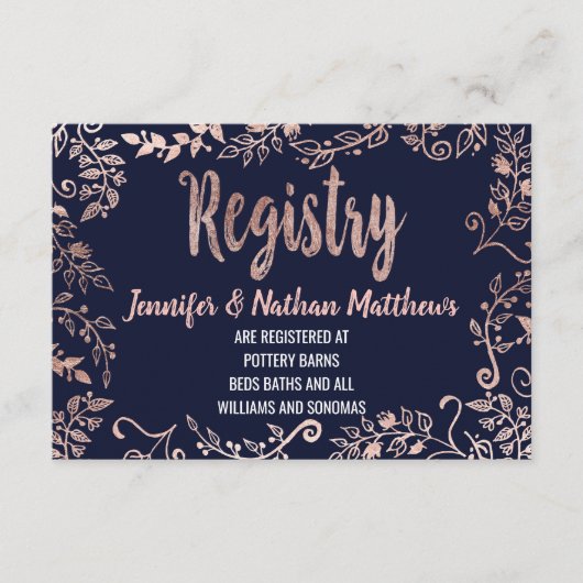 Roos Gold Floral Navy Blue Brush Script Registry Informatiekaartje (Voorkant)