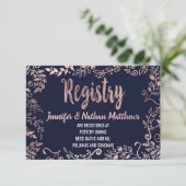 Roos Gold Floral Navy Blue Brush Script Registry Informatiekaartje (Staand voorkant)
