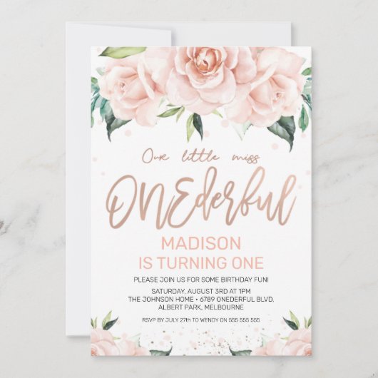 Roos Gold Floral Onederful Birthday Uitnodiging (Voorkant)