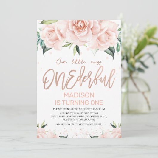 Roos Gold Floral Onederful Birthday Uitnodiging (Staand voorkant)