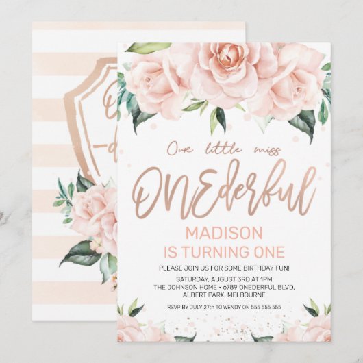 Roos Gold Floral Onederful Birthday Uitnodiging (Voorkant / Achterkant)