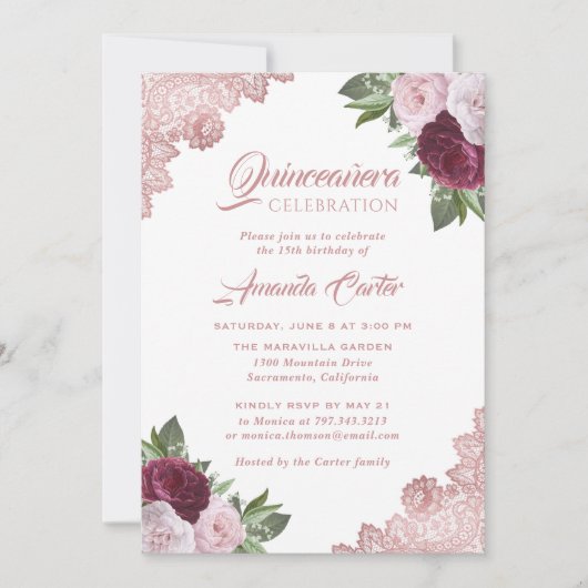 Roos Gold Floral Quinceañera 15e verjaardag Kaart (Voorkant)
