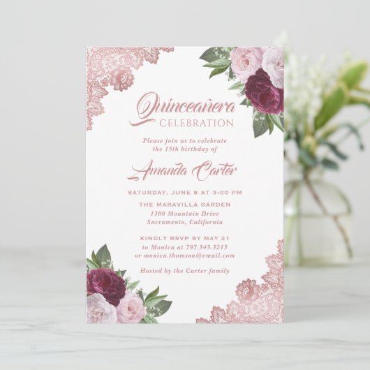 Roos Gold Floral Quinceañera 15e verjaardag Kaart (Staand voorkant)