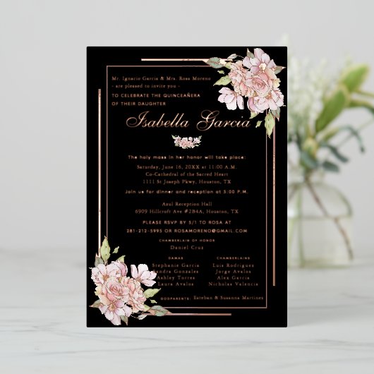 Roos Gold Floral Quinceañera Birthday Uitnodiging (Staand Voorkant)