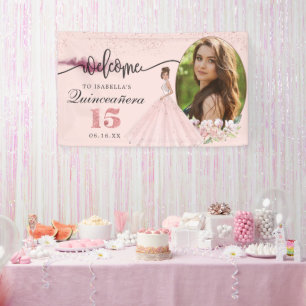 Roos Gold Floral Quinceañera Birthday Welkomstteke Spandoek