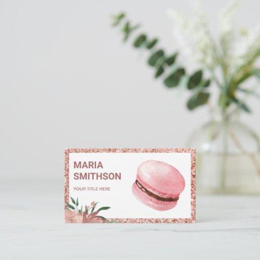 Roos Gold Floral roze Macaron Pastry Chef Bakery Visitekaartje (Staand voorkant)