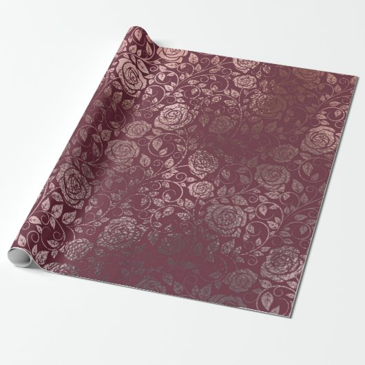 Roos Gold Floral Swirl Pattern op Bourgondië Cadeaupapier (Uitgerold)