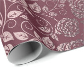 Roos Gold Floral Swirl Pattern op Bourgondië Cadeaupapier (Rol Hoek)