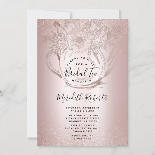 Roos Gold Floral Teapot Blush Folie Bridal Tea Kaart (Voorkant)