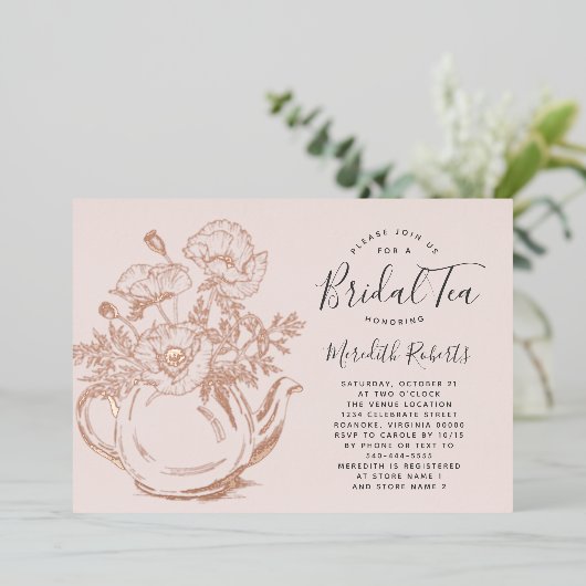 Roos Gold Floral Teapot Blush Pink Bridal Tea Real Folie Uitnodiging (Staand Voorkant)