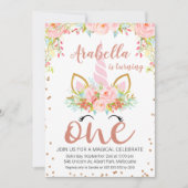 Roos Gold Floral Unicorn 1e verjaardag Uitnodiging (Voorkant)