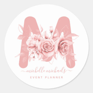 Roos Gold Floral Waterverf Monogram Ronde Sticker
