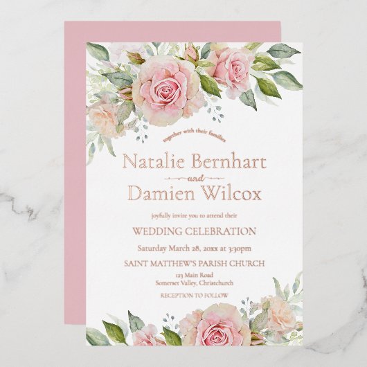Roos Gold Floral Wedding Folie Uitnodiging (Voorkant / Achterkant)