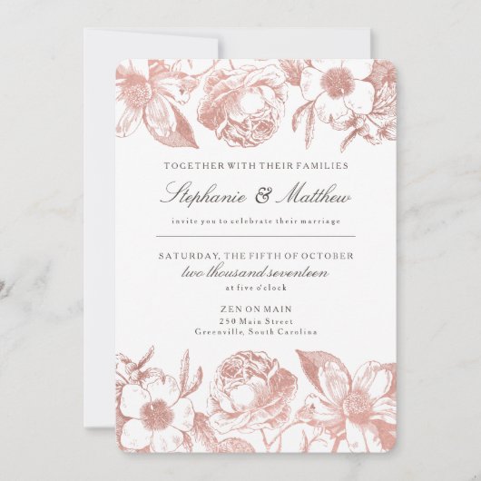 Roos Gold  Floral Wedding Invitation Kaart (Voorkant)