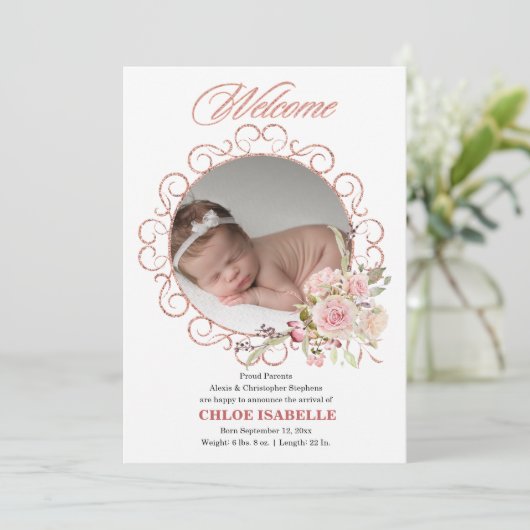 Roos Gold Floral weesfoto geboorteaankondiging Aankondiging (Staand voorkant)